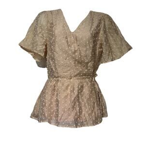 ott beige polka dot peplum short Flutter sleeve ruffle blouse